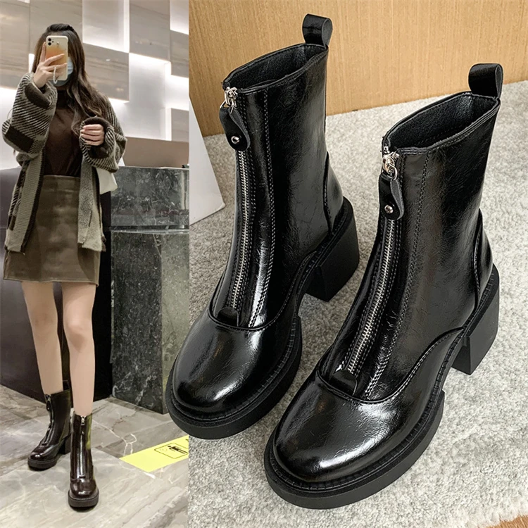 

D13419 Black chunky heels martin boots new style zipper vintage round head 2021 classic anti slip boots
