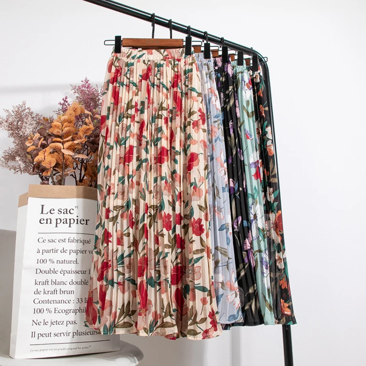 

2021 New Arrival Summer Floral Print Skirt For Women long shirt, Black/apricot/grey blue/black purple/green
