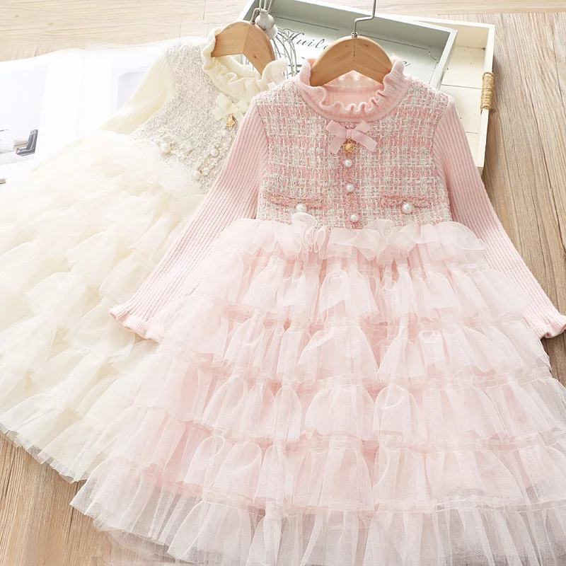 

Sweet girl cake dress autumn new girl layered mesh yarn stitching dress, Beige,pink