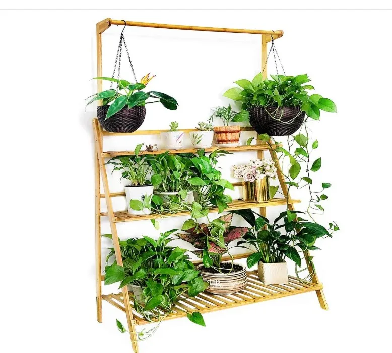 

3 Tier Adjustable Indoor Hanging Flower Pot Holder Foldable Bamboo Plant Stand Display Shelf
