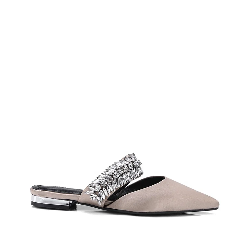

Satin Mules Sandals Slipper Pointed Toe Wedding Flat Shoes Crystal Shoes Heel, Black, grey, apricot