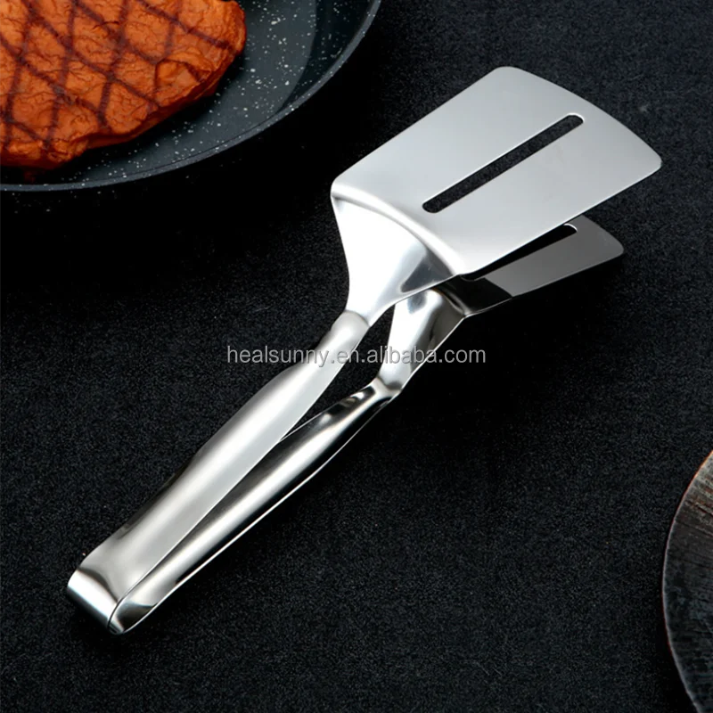 

NEW BBQ cooking tool frying turner Double Sided Spatula Multifunctional Stainless Steel Food Flipping clip steak tong food clamp, Silver