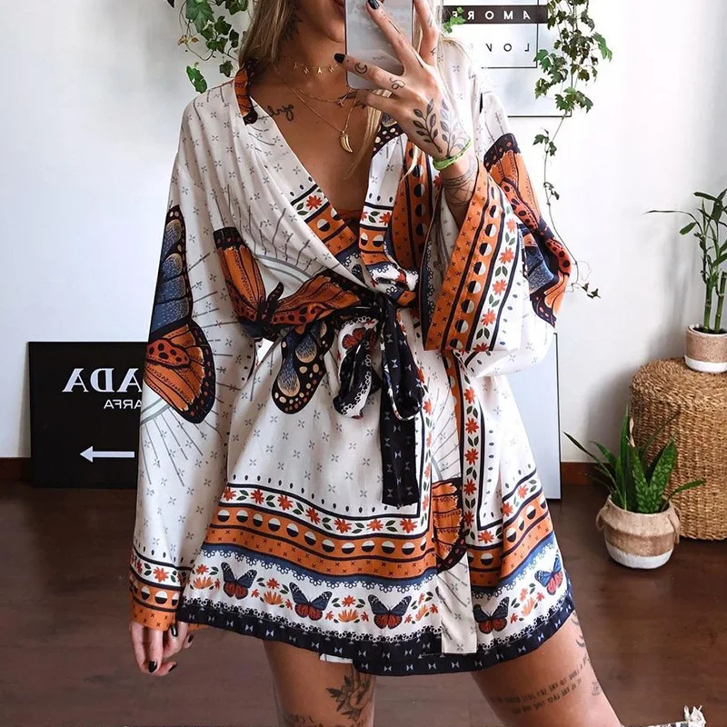 

Sexy V Neck Butterfly Print Casual Lace Up Long Sleeve Dress Sexy Lounge Dress Elegant Mini Dress
