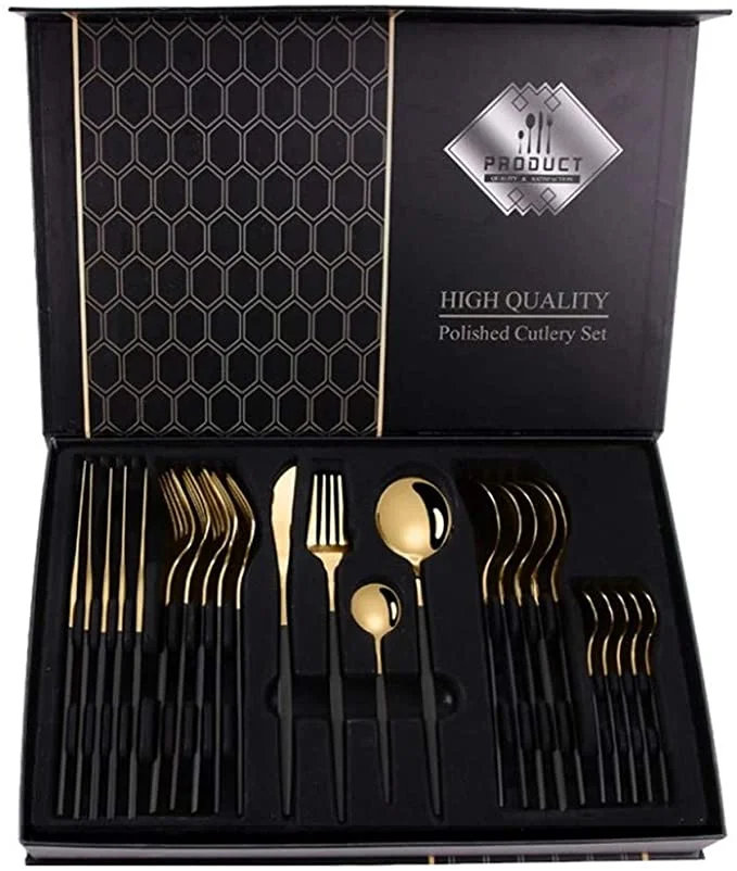

Wholesale Luxury Golden Flatware Set Stainless Steel 24pcs cutlery set with gift box, Customized color
