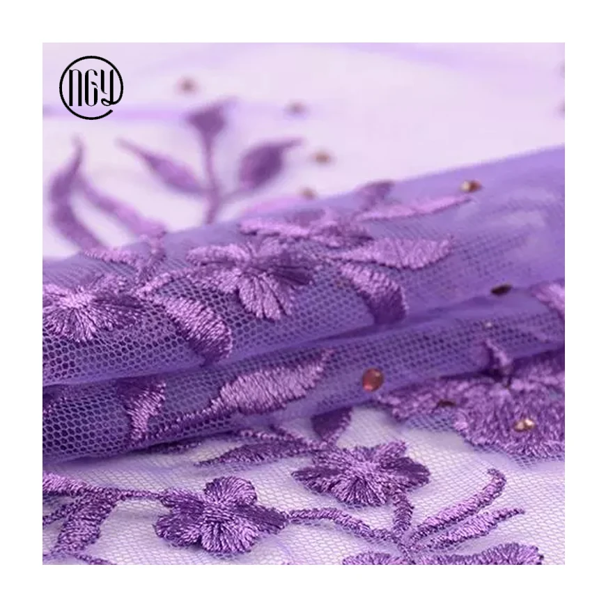 Fashion style embroidered purple colour fashion african guipure lace tulle fabric