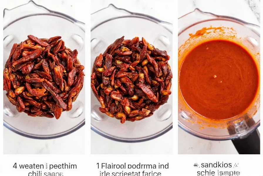 Step-by-step preparation of guajillo chili sauce showing dried chilies being toasted, rehydrated, and blended into smooth sauce