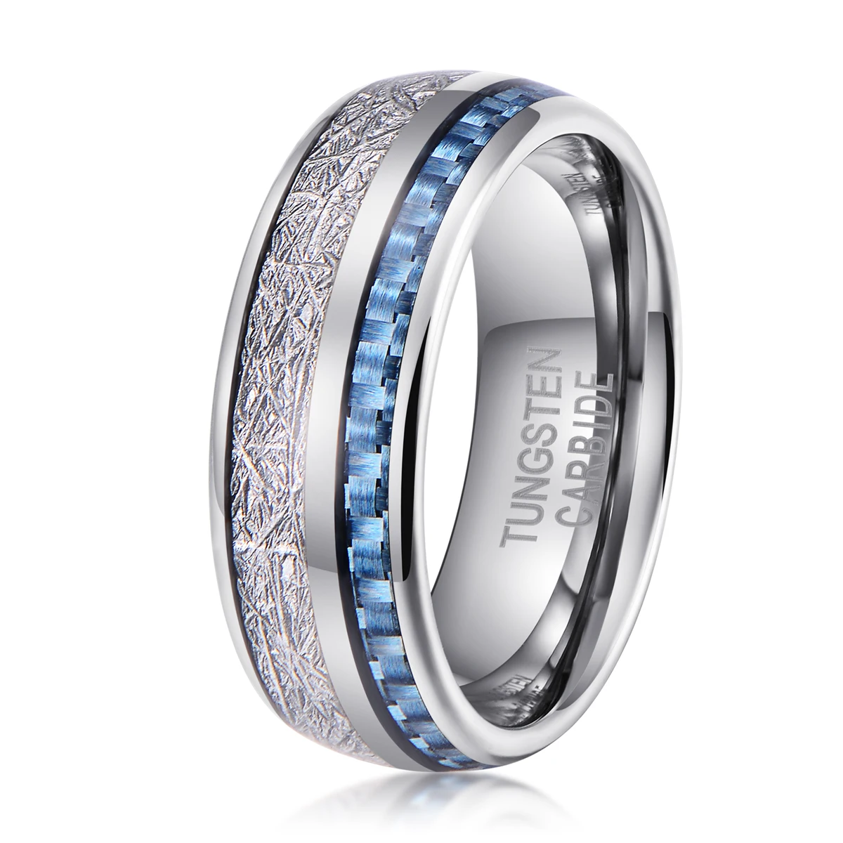 

Fast Shipping Domed Shape Inlay Blue Carbon fiber Tungsten Meteorite Ring Blue Men Rings Tungsten Fashion Bands Rings