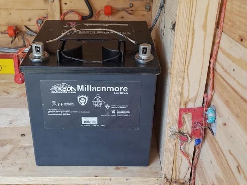 Properly fused DIY camper battery installation with safety labels