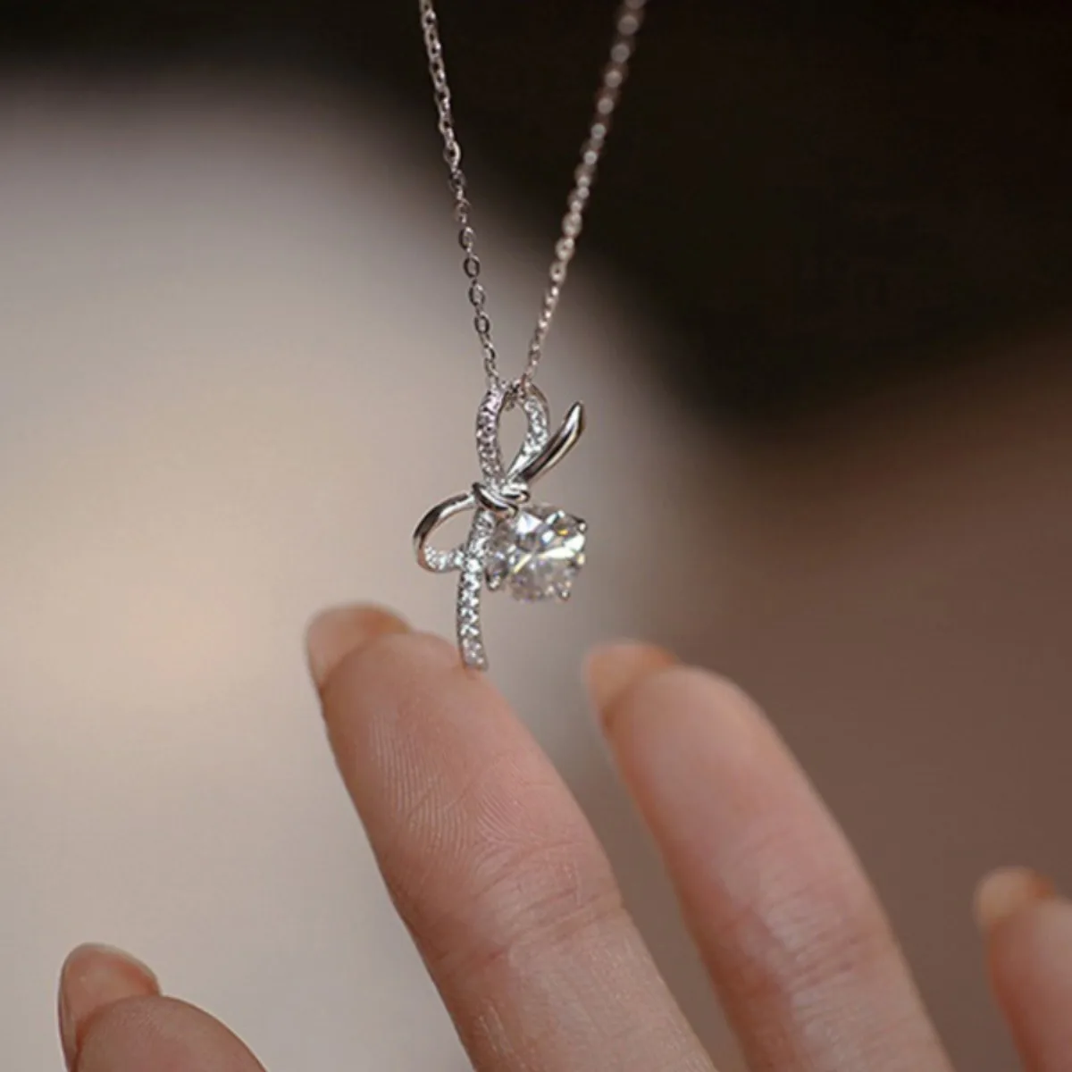 2024 Ins Fashion High Quality Bow Pendant Necklace Jewelry 925  Sterling Silver Cz Zircon Clavicle Necklace for Women