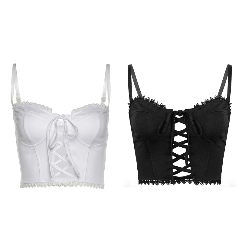 

Cheap Womens Hot Sleeveless Tees Lace Trimed Ruched Tank Hollow Out Top Sexy Crop Top Women Y2K Skirt
