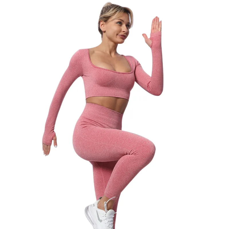 

Seamless Hollow Out Long Sleeve Crop Top High Waist Workout Leggings SportwearYoga Set Women Fitness Gym Clothing Sport Suit