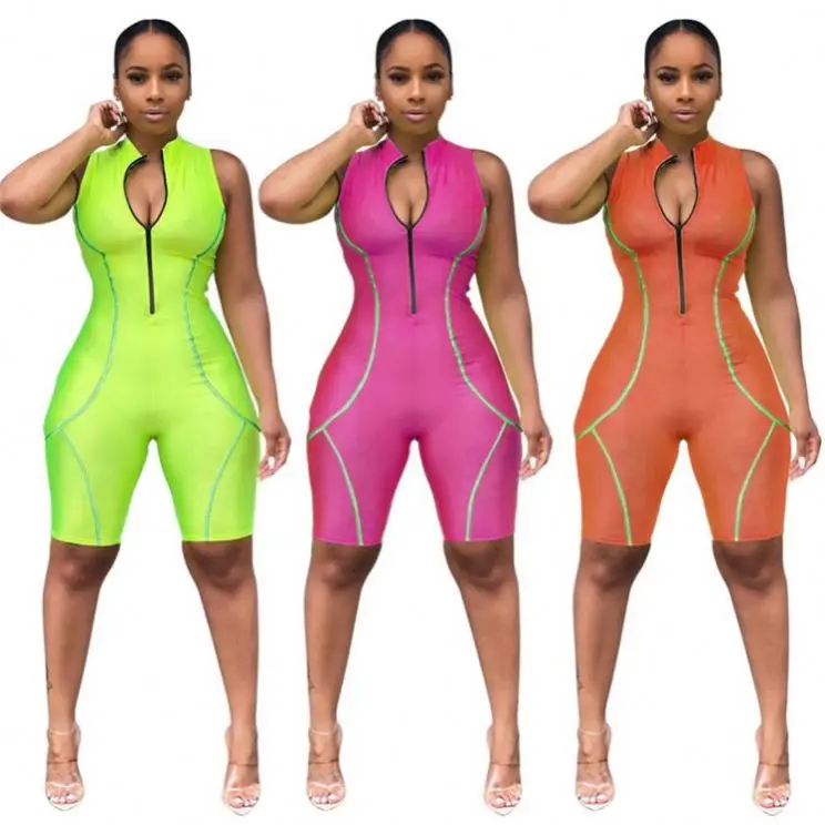 

09533NA hot onsale sleeveless zipper pure color stripes women tight sport jumpsuit