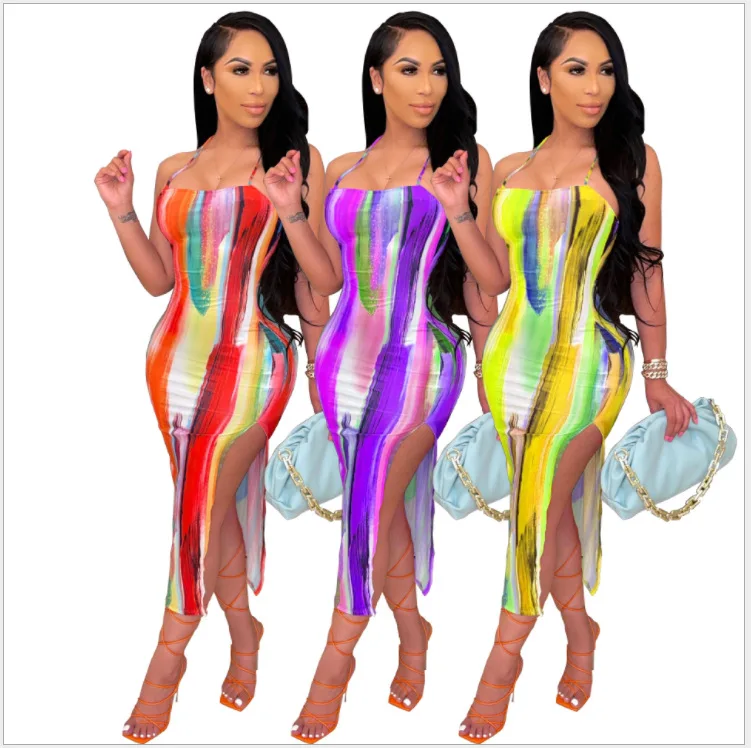 

2021 New Arrival Unique Design Fashion Women Asymmetrical Casual dresses striped dye color skirt Pencil Casual Dresses