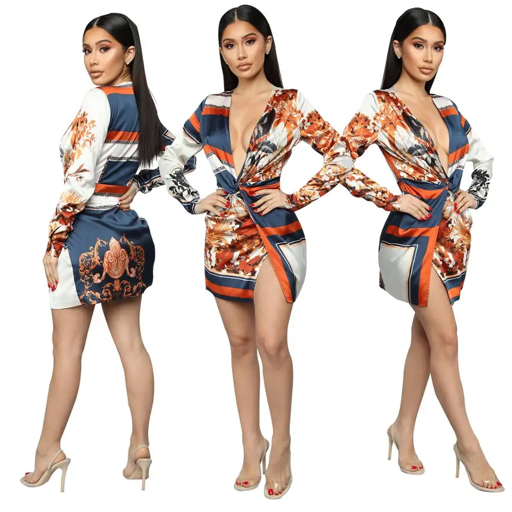 

FM-H3290 Fashion print sexy v-neck casual dresses long sleeve sexy irregularity trendy dresses, As pic