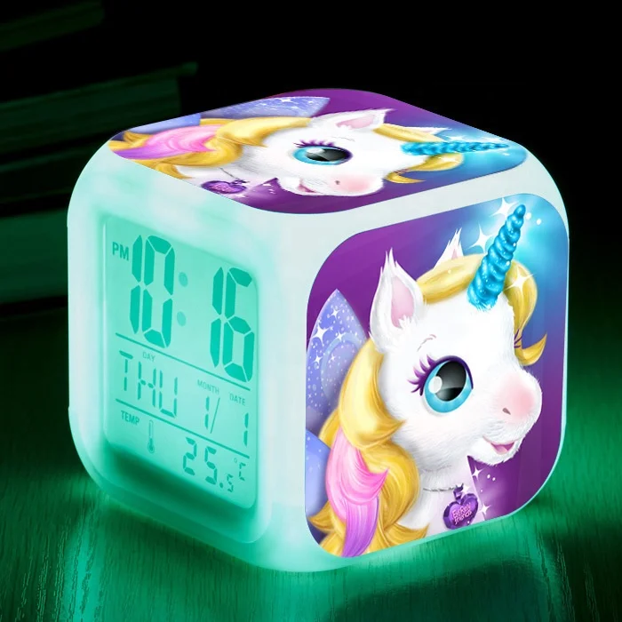 

Customized pattern LED 7 Colour Changing Digital Alarm Clock Thermometer Night Light colours Luminous cube desk table Clock