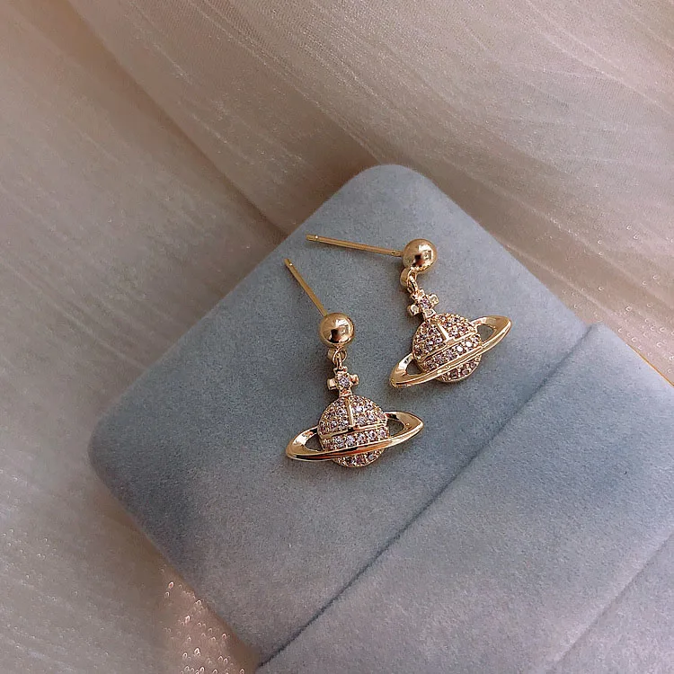 

Wholesale Gold Plated Crystal 925 Silver Needle Drop Earrings Saturn Planet Earings, Picture