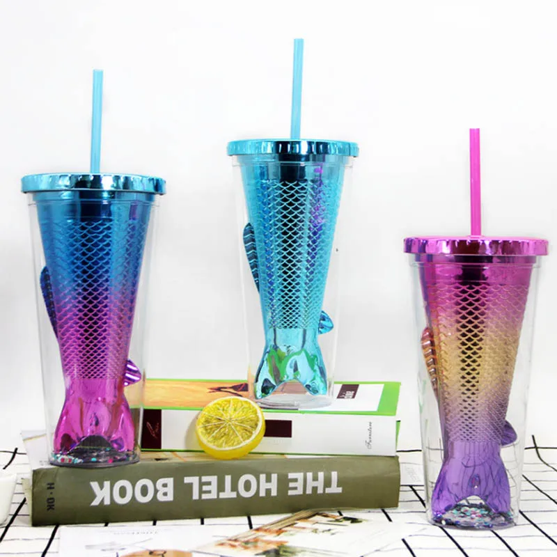 

Mermaid plastic straw cup fashion dazzle color TV cross juice drink fishtail straw cup, With sequins