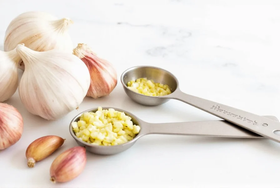Close-up of garlic cloves next to measuring spoons showing chopped garlic equivalents
