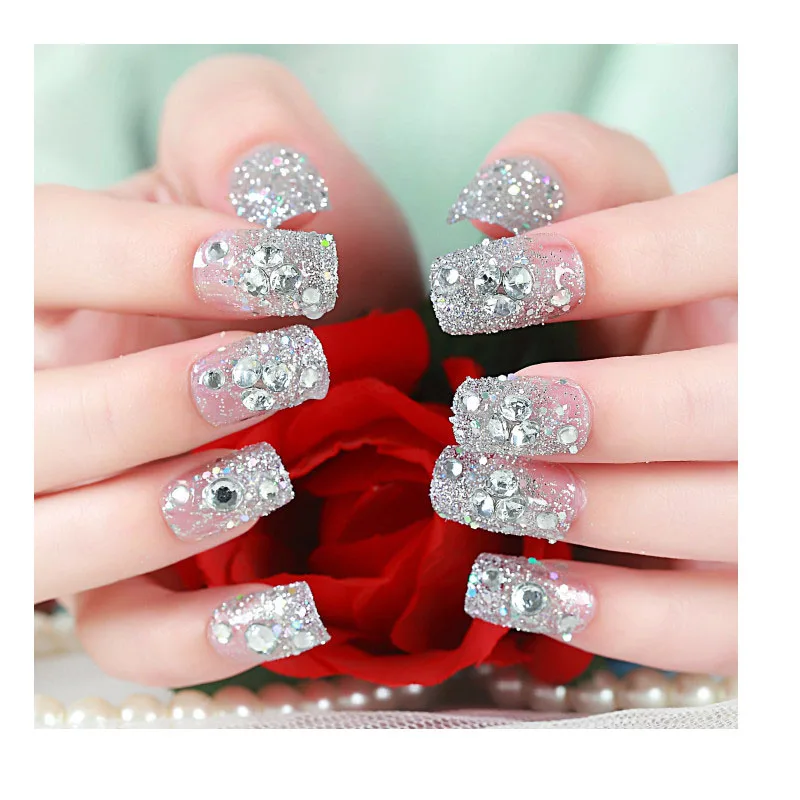 

24 Pcs Per Set Wedding Bride Full Nails Tips With Glue Flowers Shining 3D Diamond Rhinestone Fake Nail Silver False Nails NC0737, As pictures show
