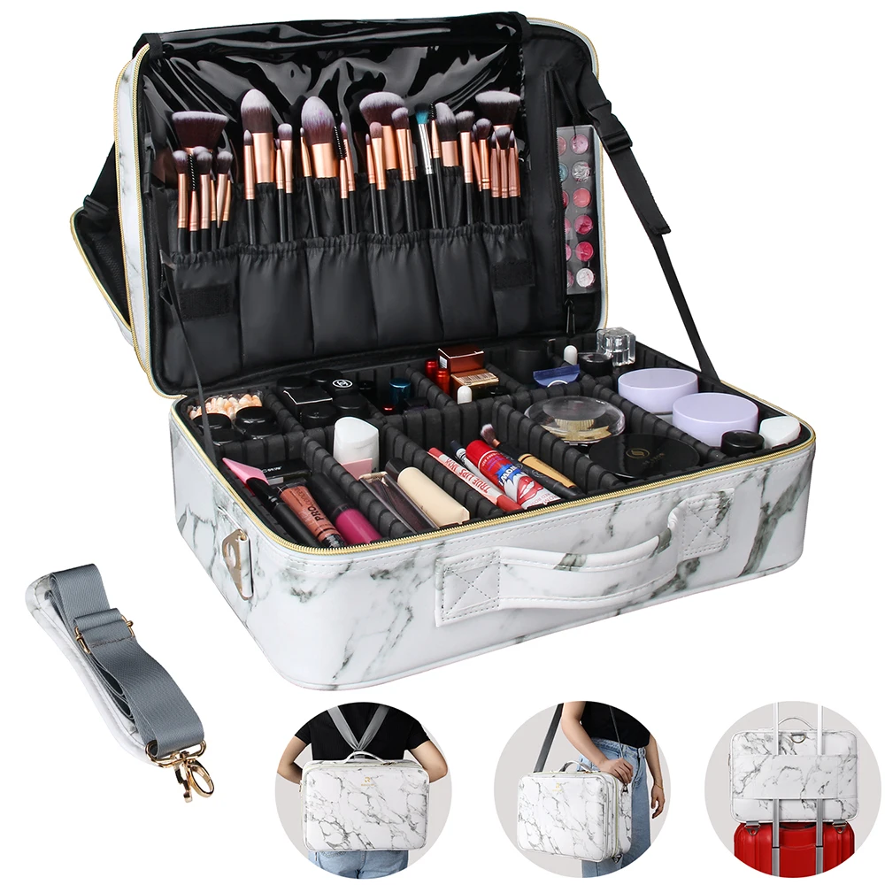 

Dropshipping Relavel 2021 Hot Selling Professional 3 Layer Large Marble White PU Train Case Brush Organizer Travel Cosmetic Bag