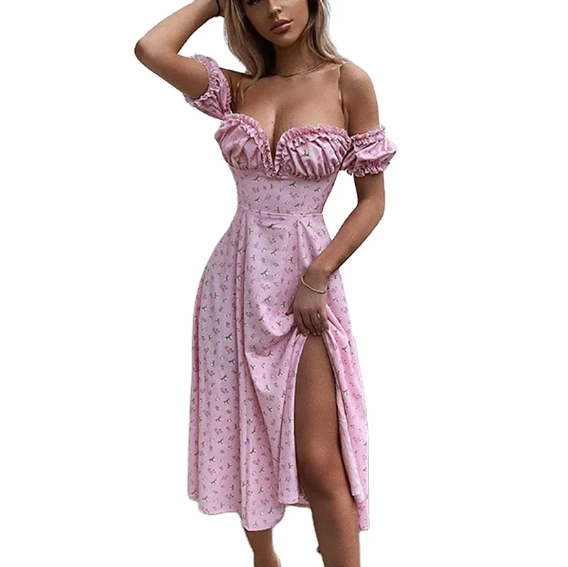 

2021 new women's summer hot style fashion bubble sleeve floral lace high slit dress women's dress summer fashion