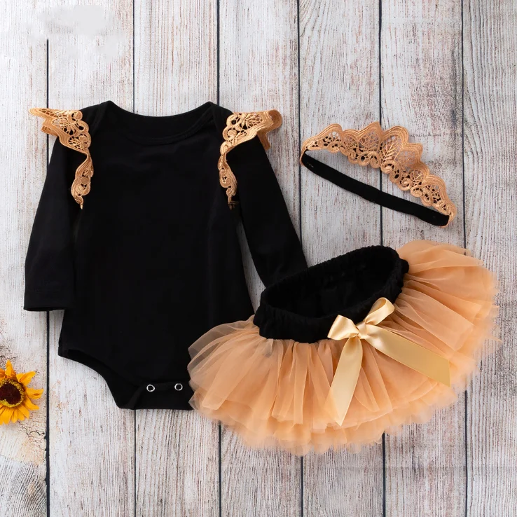 

Baby Girl Autumn Long Sleeve Romper+Tutu Skirt+Head Wear Little Kids 3 Pcs Set