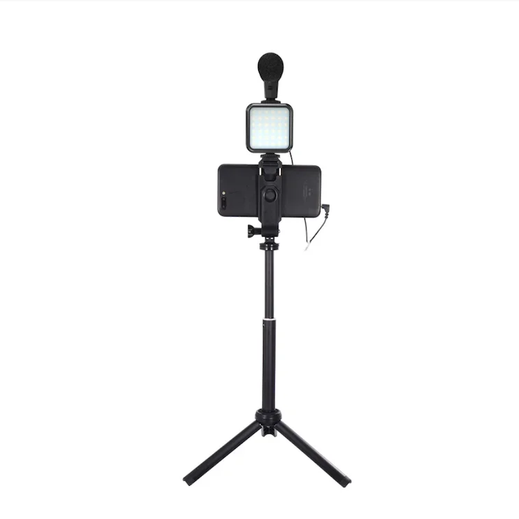 

KIT-06LM Mini LED Video Light Extendable Tripod Vlogging Kits Microphone Phone Holder Clip LED Light for Video Shooting