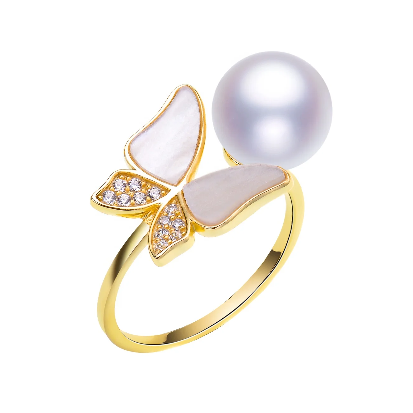 

Mother Of Pearl 2021 Fashion Women Jewelry Pearl Freshwater Sterling 925 Silver Beautiful Butterfly Adjustable Pearls Ring, White
