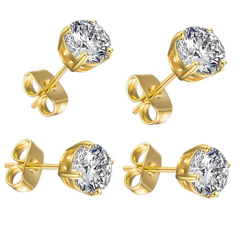 

Fashion jewelry 316l earrings stainless steel cz earrings 3-8mm14K gold hypoallergenic cubic zirconia earrings, Yellow gold/steel color