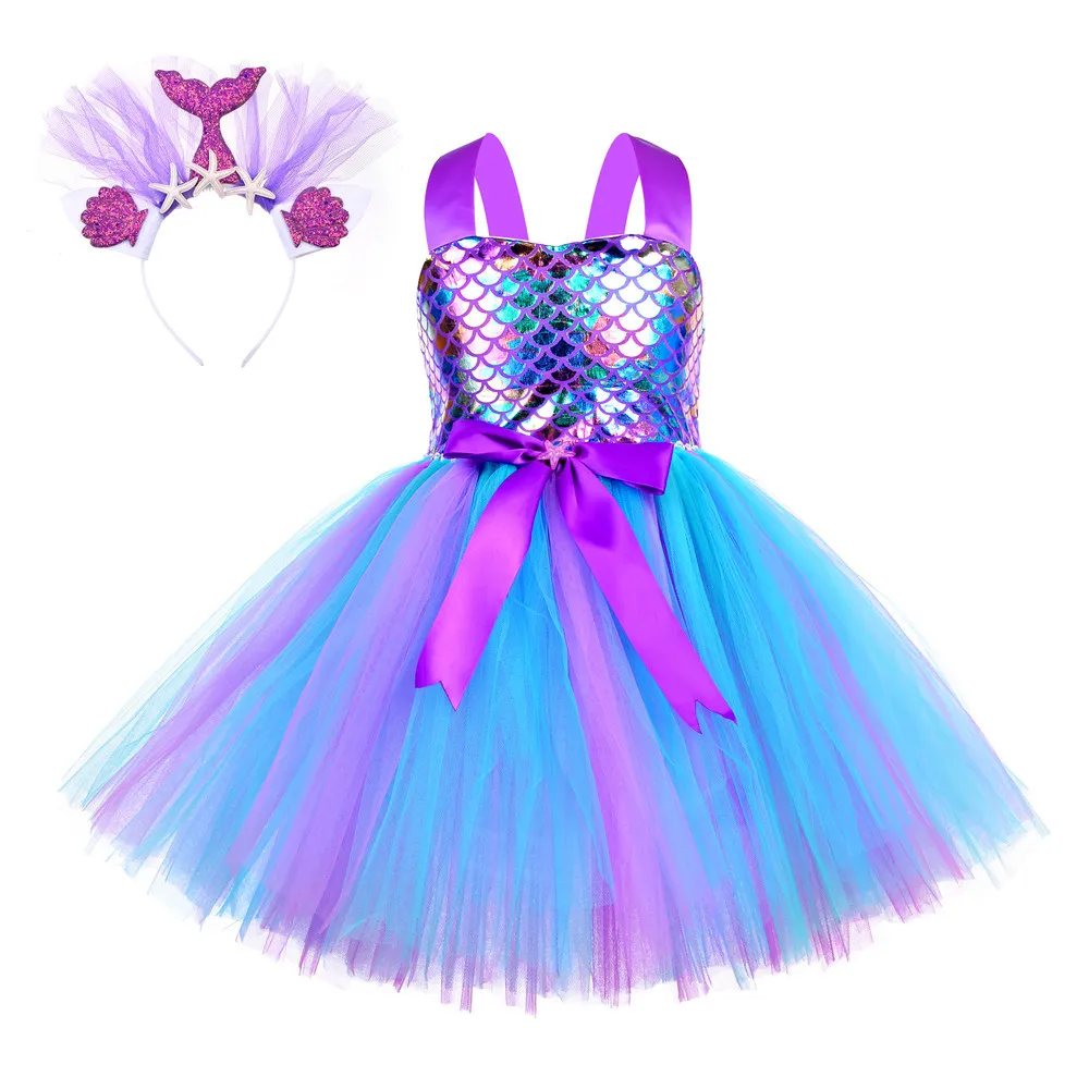 

Factory Custom Kids Costume Clothes Party Birthday Princess Mermaid Prom Girl Tutu Dress With Headband