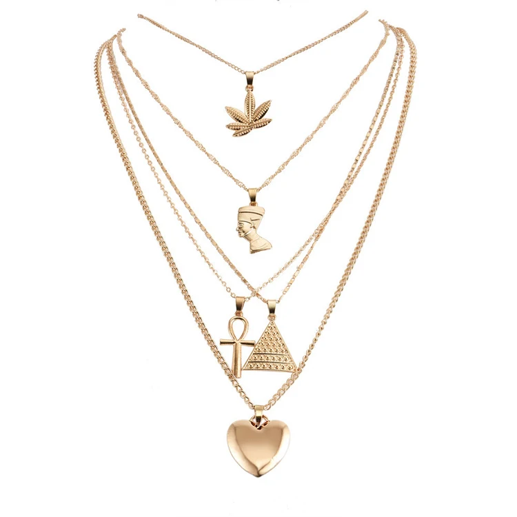 

Heart Shaped Cross Pendant Necklace Fashion Sexy Multilayer Pyramid Maple Leaf Pendant wolesale Necklace set women