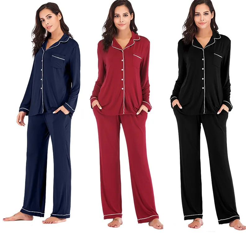 

Customized Fashion Home Wear Solid Color Lapel Long Sleeve Pajamas Women Cotton Sleepwear