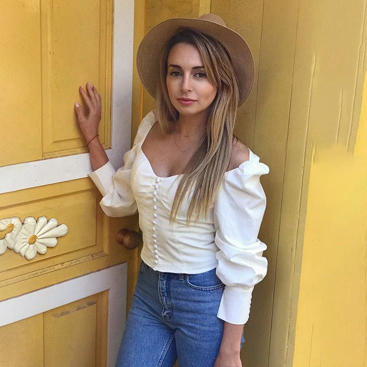 

new design long sleeve bubble Lantern Sleeve women's shirt crop top ladies white blouse sexy female clothes woman blouse casual