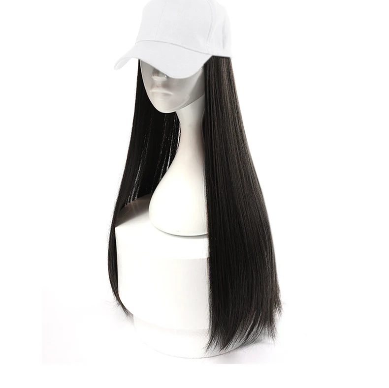 

JUNSI Long Hat Wig Natural Black Straight Wigs and Hat Naturally Connect Synthetic Adjustable Hat Wig