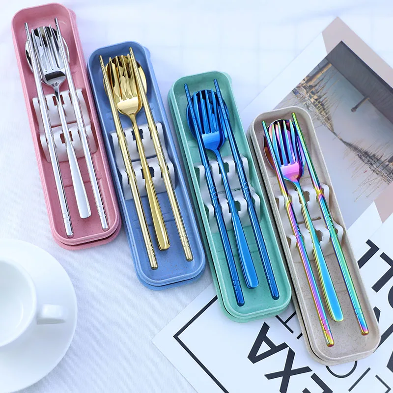 

Korean No.3 304 stainless steel wheat tableware set tableware gift set chopsticks spoon fork set, Silver, gold, rose gold, illusory color, black/blue, purple, custom