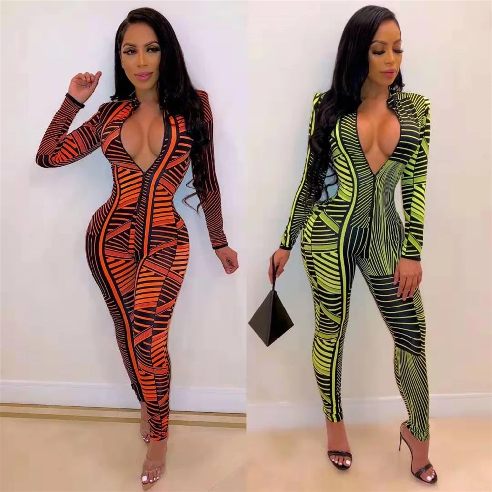 

*GC-86970732 2020 new arrivalsWholesaleSuper Fashion Orange Strip Print Long Sleeves Lapel Sexy One Piece Rompers Women Jumpsuit