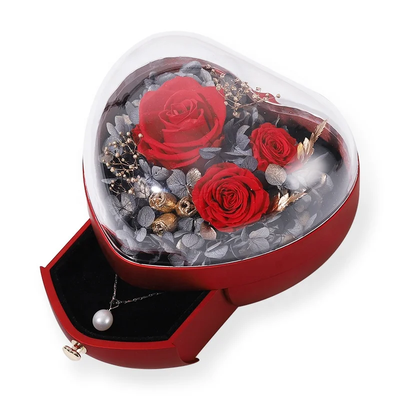 

Factory Heart Shaped Crystal Acrylic Flower Rose Wedding Gift Ring jewelry box Preserved Valentine's Day Gift Ring necklace box, As pictures or customized