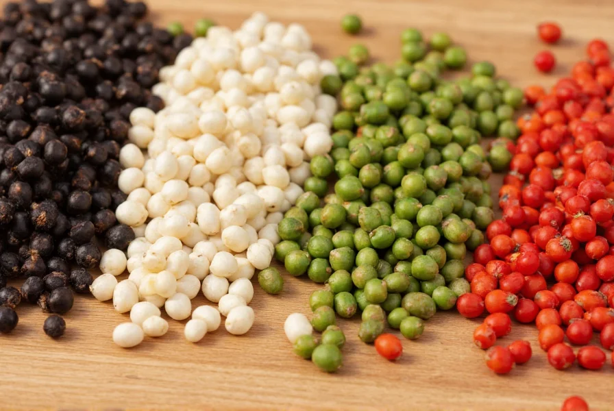 Close-up view of black, white, green, and red peppercorns on wooden background showing the different processing stages of Piper nigrum berries