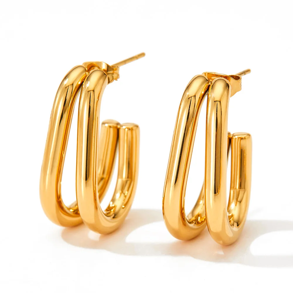 

Exquisite Stainless Steel Double Layer Earrings Minimalist Jewelry 18k Gold Plated Square Earrings For Woman