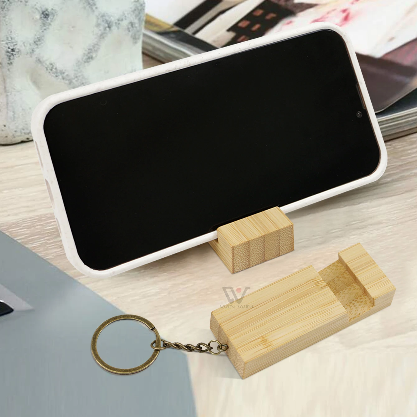 

Promotional Gift Key Chain Wood Keychain Phone Holder Rectangle Wooden Key Ring Cell Phone Stand Base
