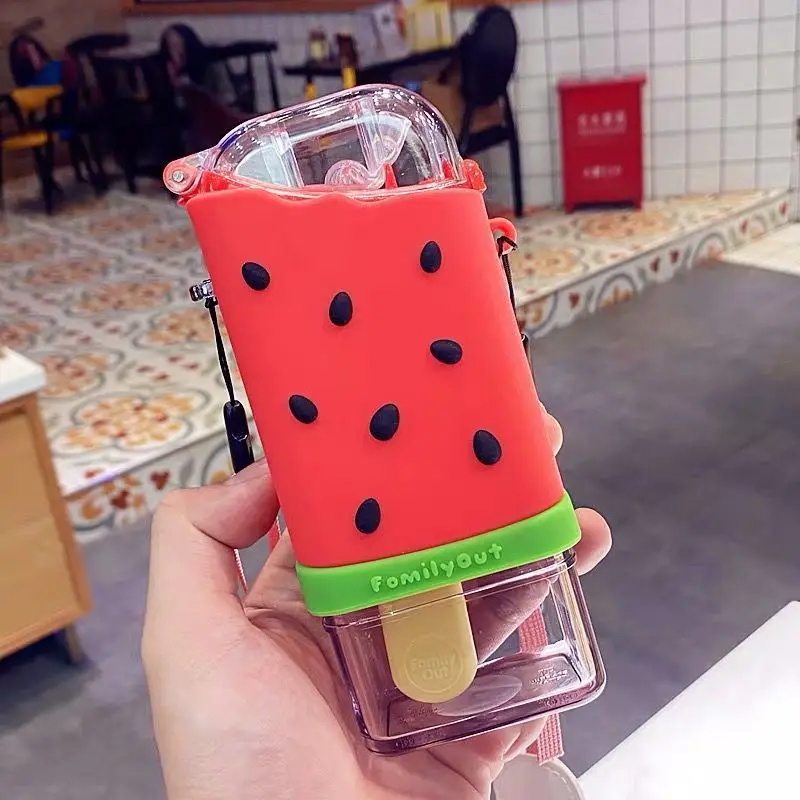 

2021 New Arrival Ice Cream Shape Anti-Leak Drink Cup Purse With Straw Fruit Pattern Handbag Flat Portable Popsicle Drink Purse, 3 colors