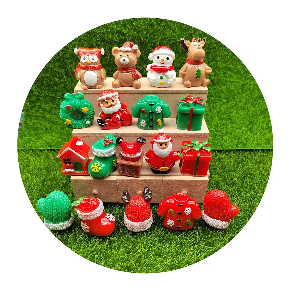 100PCS Merry Christmas Miniatures Resin Claus Santa Reindeer 3D Figurines Doll House Christmas Accessories Children Gift