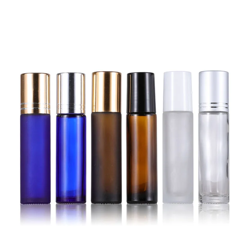 

Wholesale Empty 10ml Blue Transparent Amber Frosted Essential Oil Perfume Glass Roll on Bottles with Silver Golden Black Caps