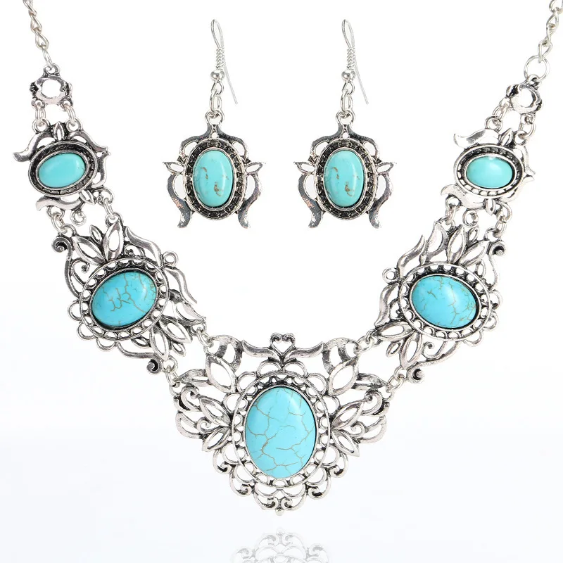 

Factory Wholesale Thai Silver Carved Jewelry Set Retro Turquoise Necklace Set