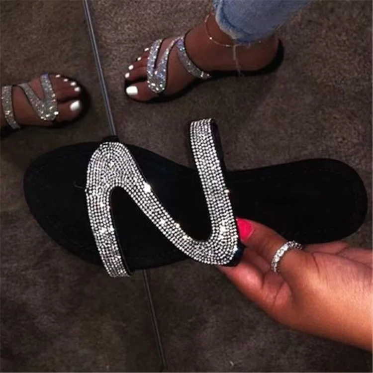 

2021 summer new cross-border large size adult leisure rhinestone Pu flat-heeled flip-flops slippers, See pictures