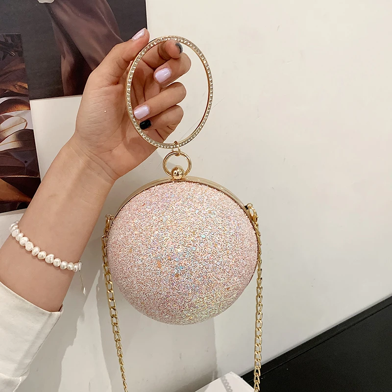 

2021 Trendy Young Lady Small Sequins Bags Fashion Round Purses Ladies Ball Handbags For Women