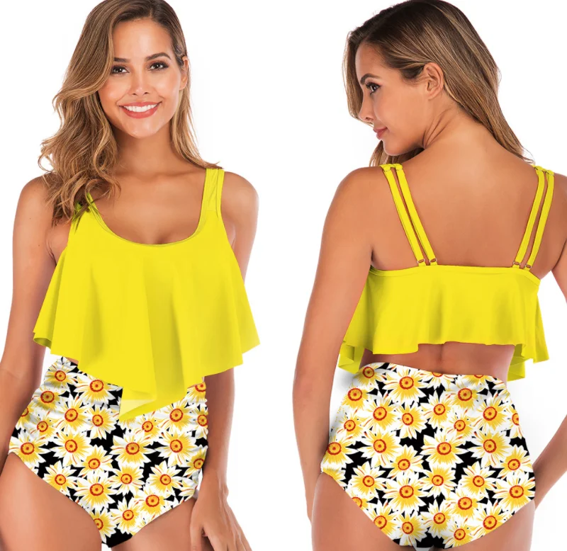 

Multiple Colour Stylish Sexy Ruffle Bikini Swimwear Two Piece Set Elegant Woman Sling High Waist Conservative Bathing Suit, As picture