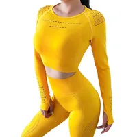 

Lady Hollow Long Sleeve Compression Seamless Breathable Slim Fit Athletic Sweat Exercise Fitness Sport T Shirts