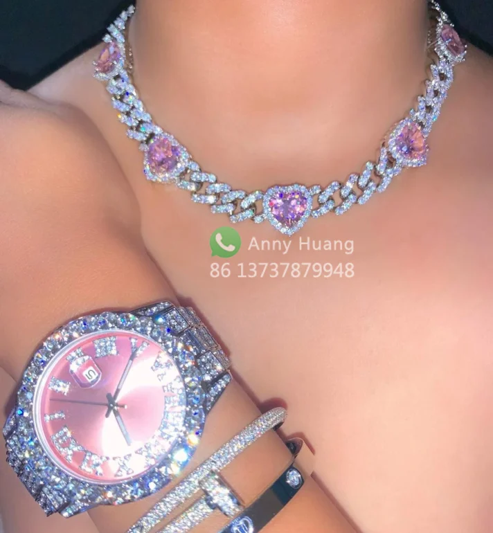 

2022 Valentine's Day Women Heart Jewelry Choker Necklace Hip Hop Iced Out Pink Diamond Cuban Link Heart Necklace