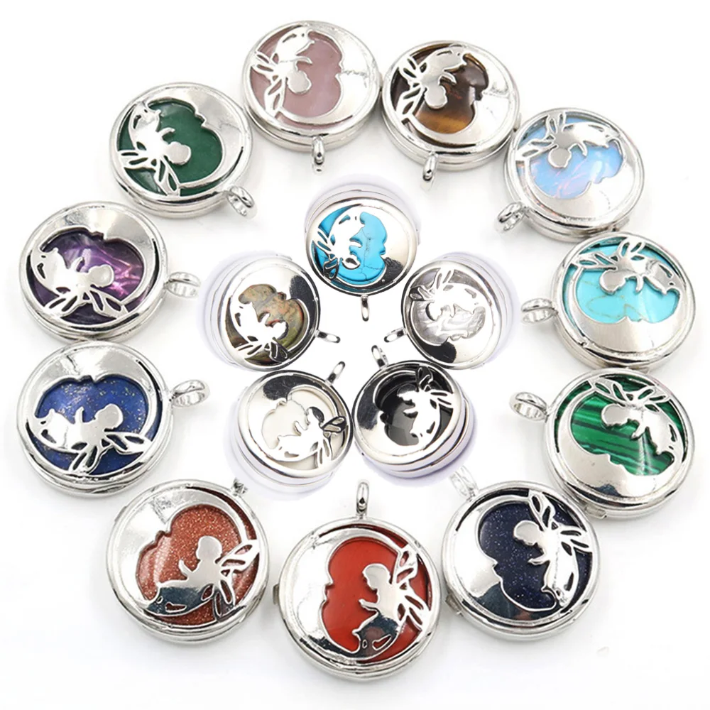 

Natural Gemstone Angle Pendant Necklace Crystal Moon Fairy Hollow Healing Chakra Quartz Pendants for DIY Jewelry, As the picture